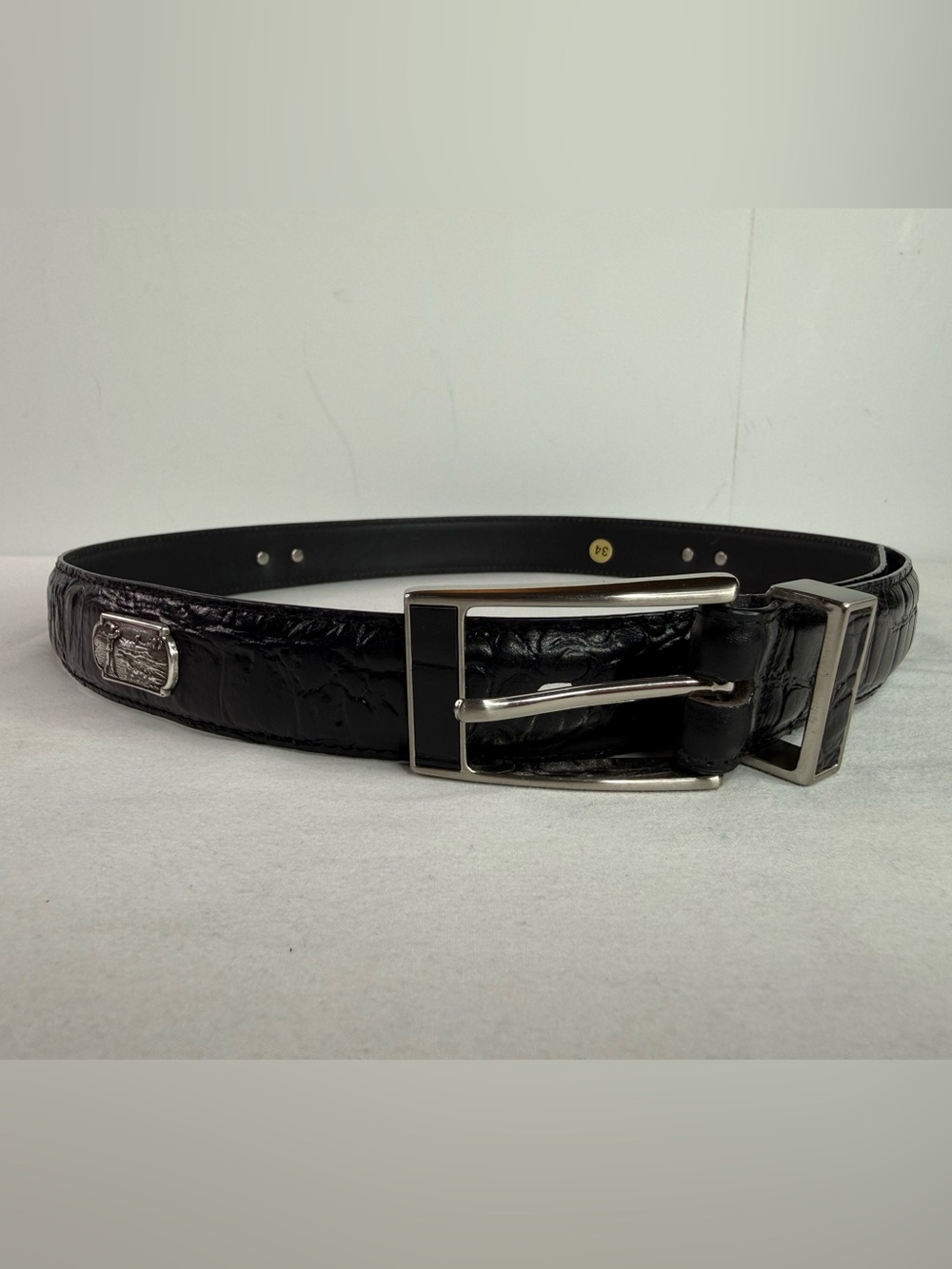 Black Croc Textured Leather Belt with Silver Buckle Golf Motif Size 34